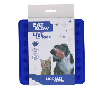 Eat Slow Live Longer Lick Mat Cross Blauw